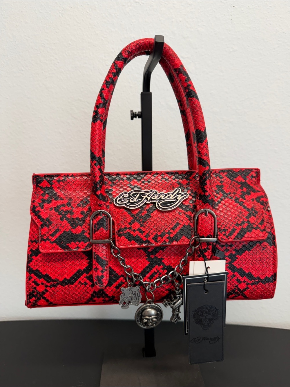 Ed Hardy | Snake-Print Top-Handle Satchel w/ Iconic Logo Bag Charms | Crossbody